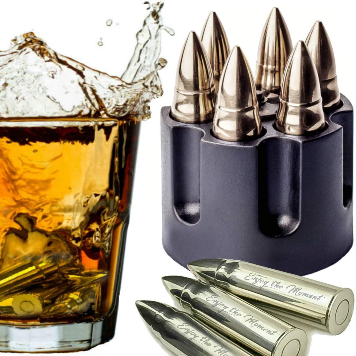Whiskey Stones Large 6 Laser Engraved Stainless Steel Silver Bullets with Revolver Barrel Base Re... | Amazon (US)