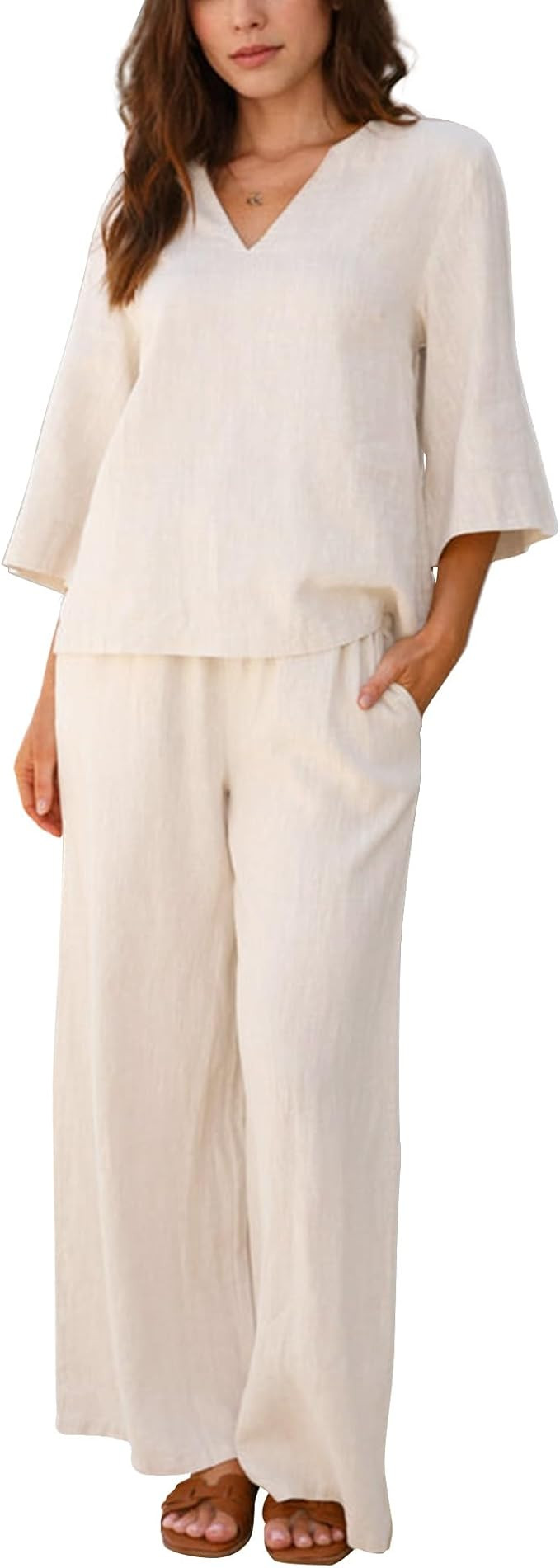Hixiaohe Womens 2 Piece Outfits Casual 3/4 Sleeve V Neck Tops Wide Leg Pants Linen Lounge Sets Tr... | Amazon (US)