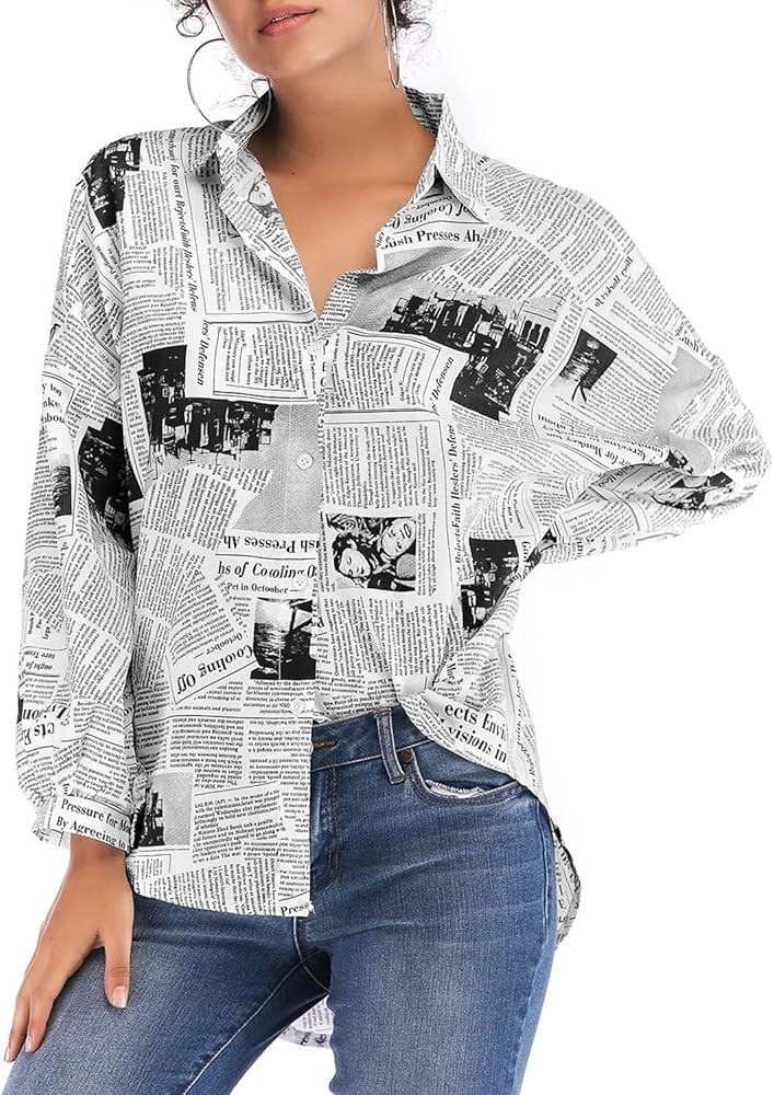 RINTONIX Women Sexy V Neck Letter Print Button Up Shirt 3/4 Sleeve Drape Shoulder Newspaper Work ... | Amazon (US)