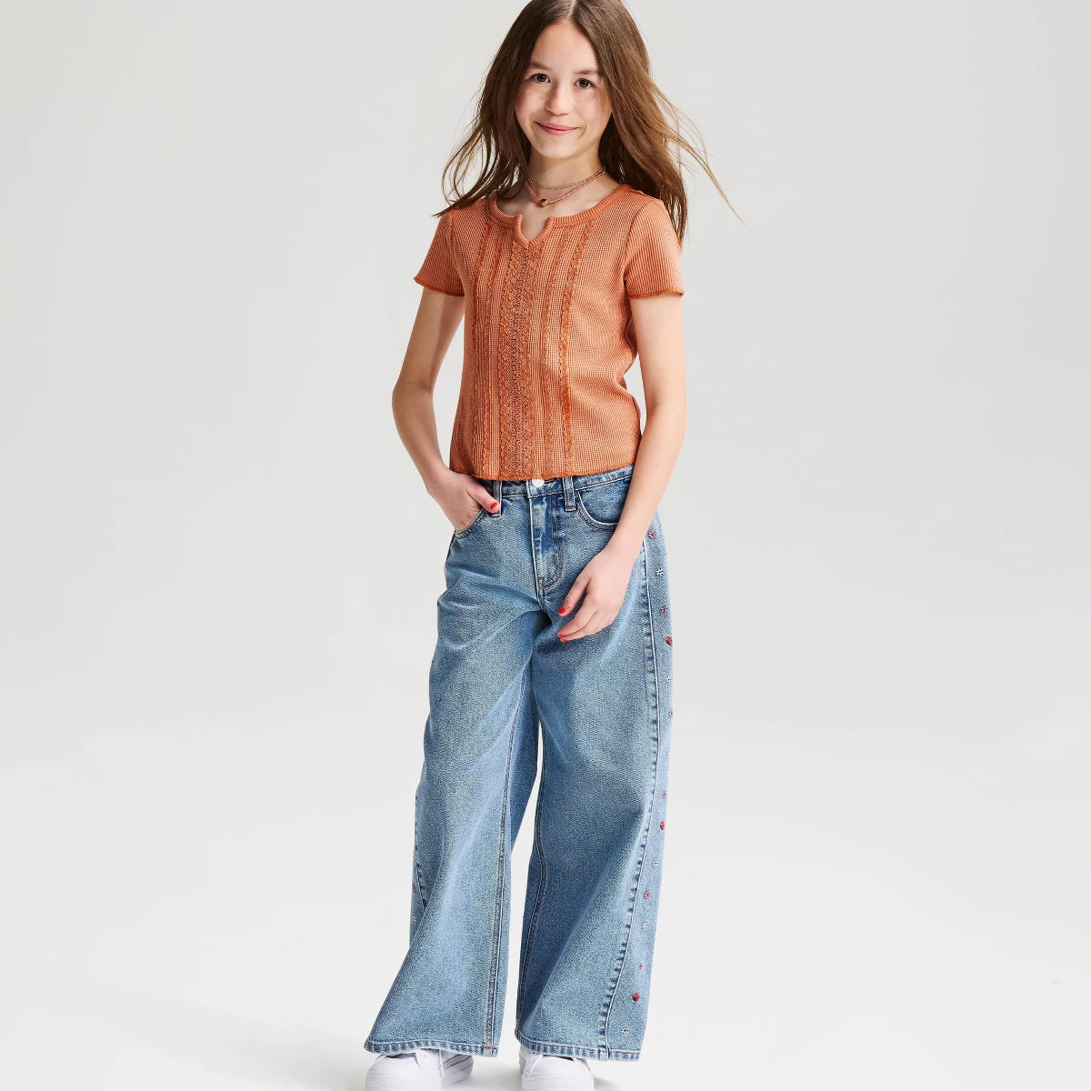 Girls' Short Sleeve Fitted Lace Trim Waffle Knit T-Shirt - Cat & Jack\u2122 Chestnut XL | Target