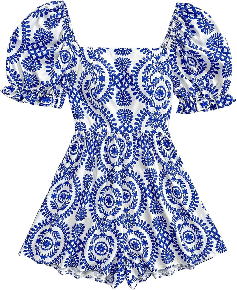 Milumia Women's Boho Floral Print Square Neck Puff Short Sleeve Rompers Jumpsuit | Amazon (US)