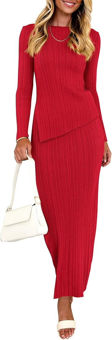 PRETTYGARDEN Women 2 Piece Outfits Long Sleeve Asymmetric Slit Hem Tops Midi Bodycon Skirt Sets L... | Amazon (US)
