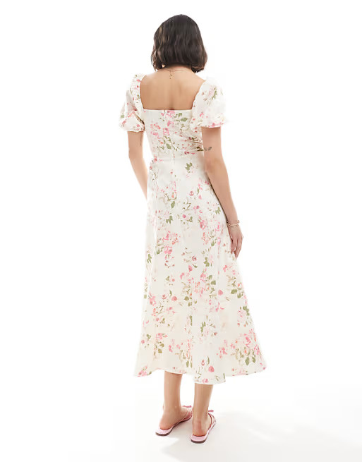New Look puff sleeve milkmaid midi dress in cream floral | ASOS (Global)