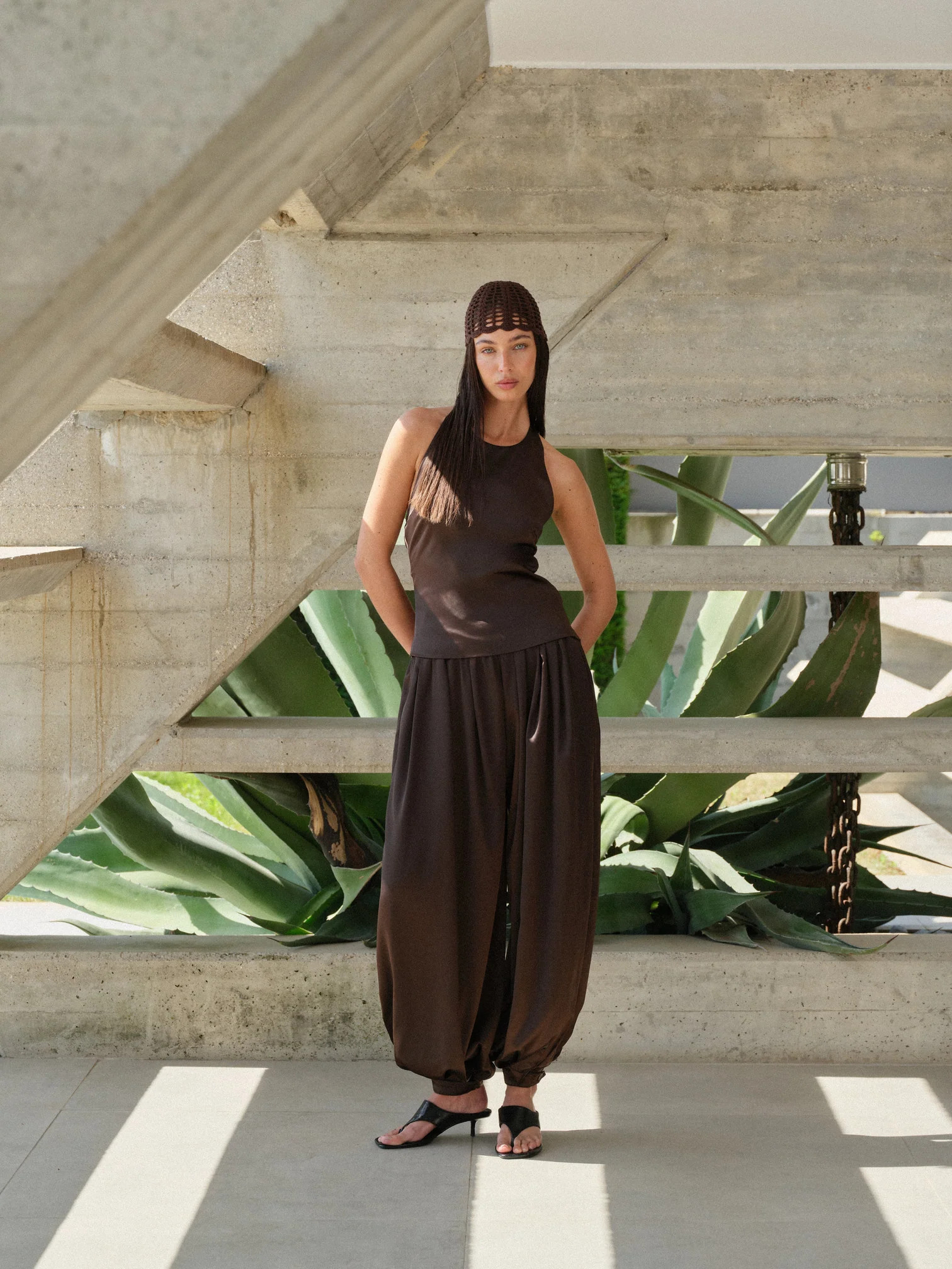 SATIN HIGH NECK TOP - CHOCOLATE | The Couture Club