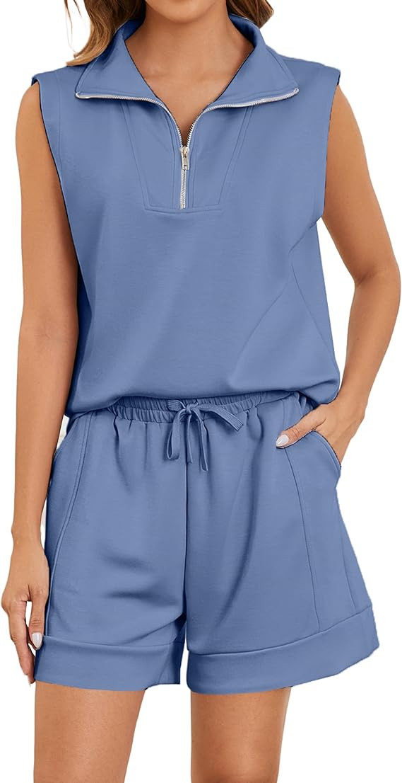 Women Two Piece Outfits Half Zip Lapel Collar Sleeveless Sweatshirt High Waist Sweat Shorts Loung... | Amazon (US)