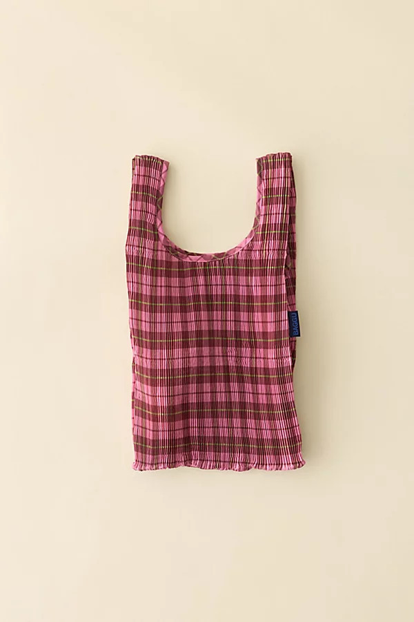 BAGGU pleated reusable tote in azalea pink tartan