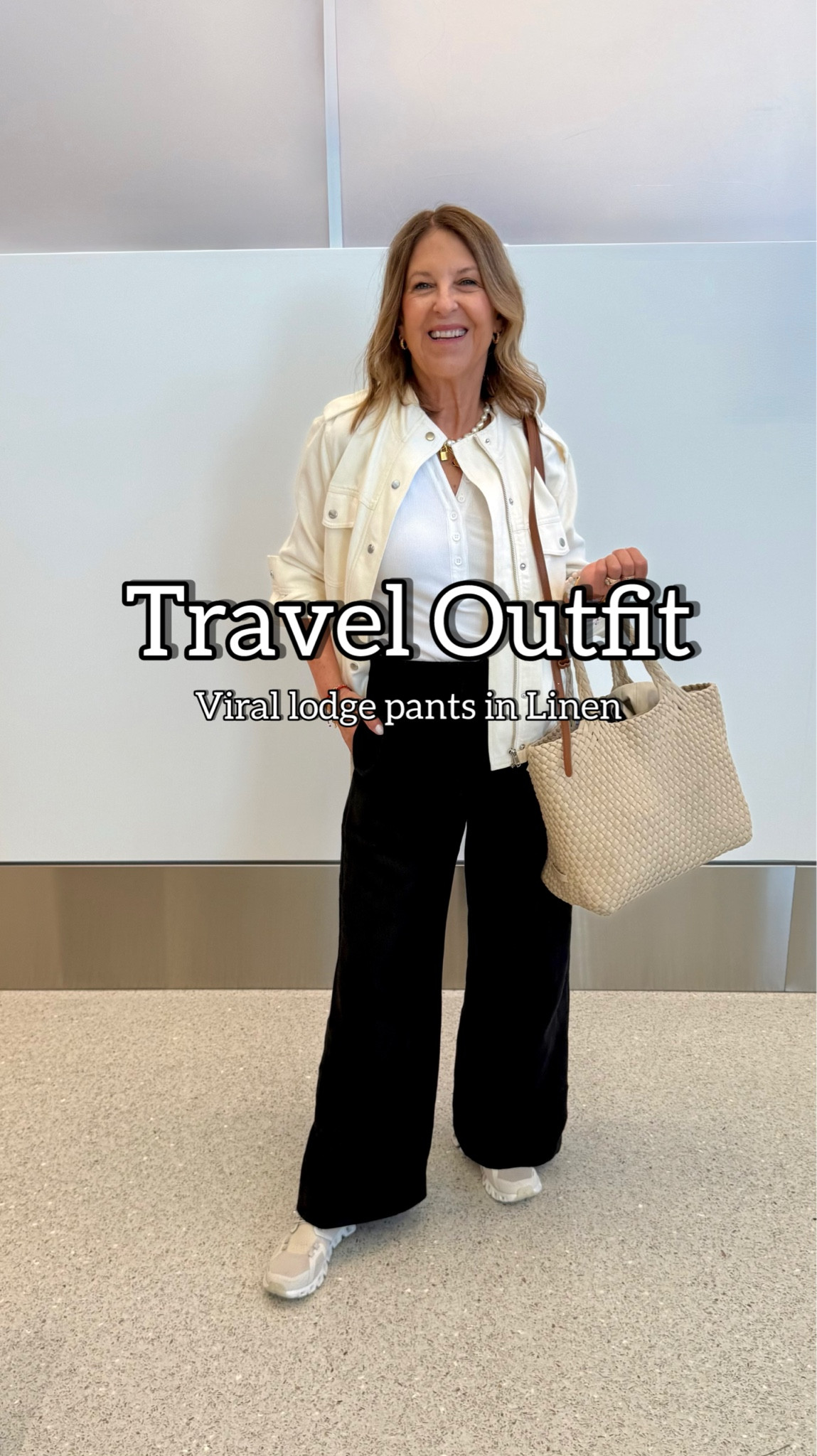 This is my travel outfit for the day. I'm wearing the viral lodge pants in their cruise linen blend. I wore them last week on a trip and found they were almost wrinkle-free. Plus, they can be dressed up or down.  These are a great Mother’s Day gift!!

Love the rails top & jacket! They are lightweight & dressy! 

Running shoes are a must for walks and working out. I’m wearing them, so I don't have to pack them. 

Also, the quince bag holds my essentials, and I have a tote on the side.  


#LTKMothersDay #LTKOver40 #LTKTravel