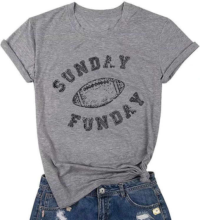 JEALLY Sunday Funday Letters Print T Shirt Women Football Shirts Casual Short Sleeve Top Tees | Amazon (US)