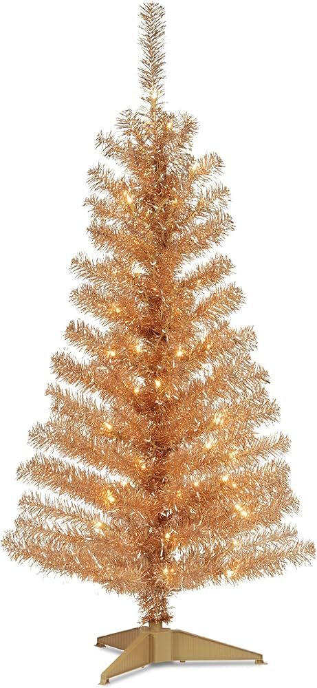 National Tree Company Pre-Lit Artificial Christmas Tree, Champagne Gold Tinsel, White Lights, Inc... | Amazon (US)