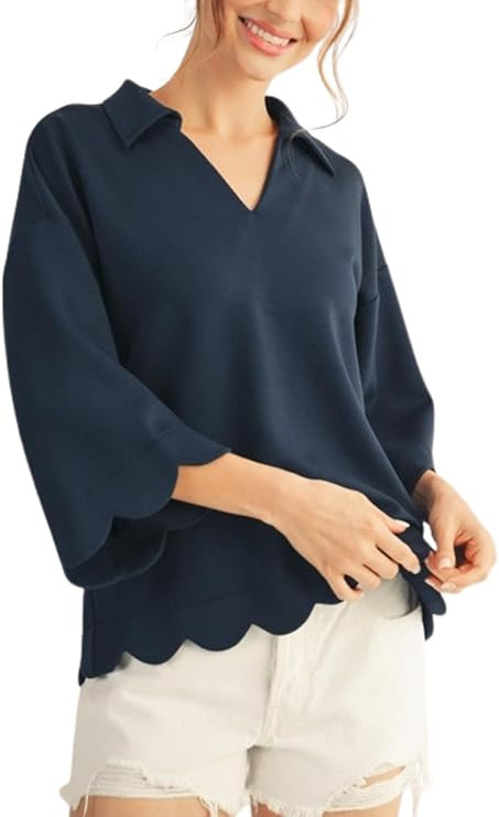 Womens Scallop Edge Detail Solid Top 3/4 Sleeve V-Neck Collared Blouse Shirt | Amazon (US)