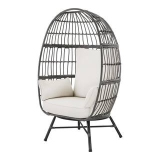 Breezy Bay Gray Wicker Outdoor Egg Chair with CushionGuard Almond Cushions | The Home Depot