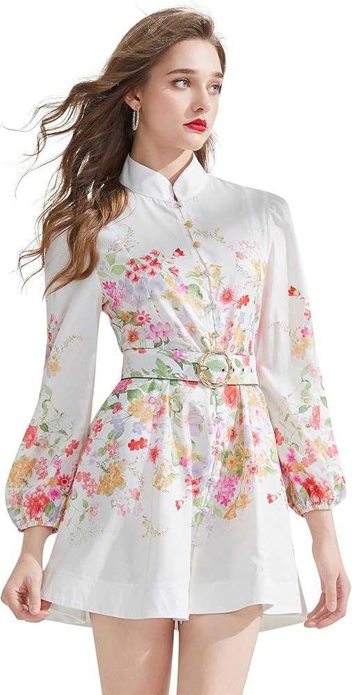 LAI MENG FIVE CATS Women's Bell Sleeve Round Neck Floral Print Casual Flowy Swing Mini Dress | Amazon (US)