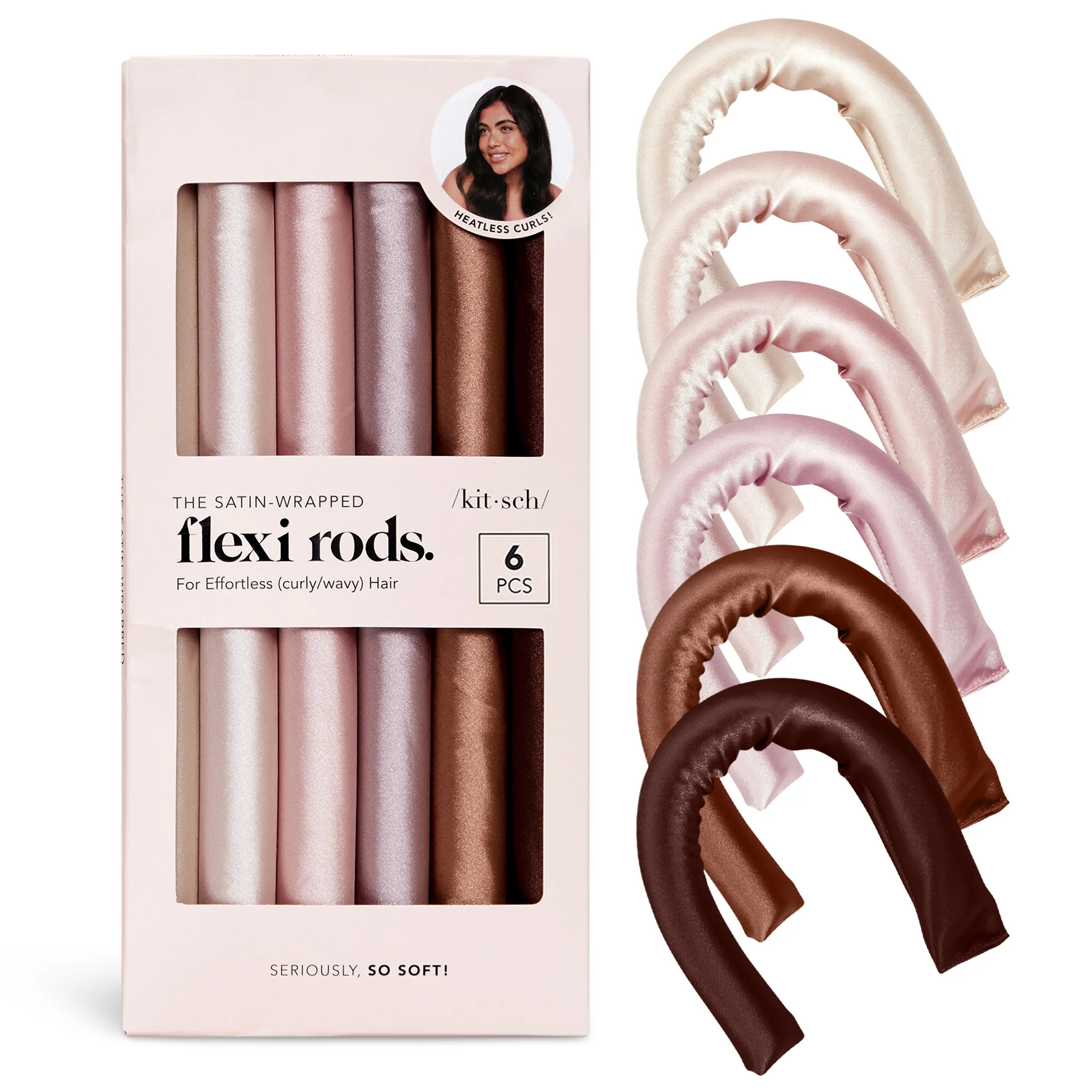 Kitsch Flexi Rods Heatless Hair Curler, Satin Covered Curling Rod, Rosewood 6pcs | Walmart (US)