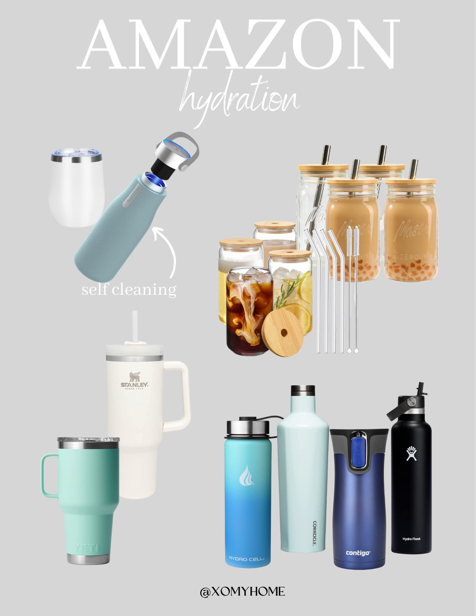 Amazon Hydration Finds: stainless steel wine tumbler, Yeti travel mug 30 oz, corkcicle insulated travel bottle, Stanley quencher travel tumbler, Philips self-cleaning water bottle, Hydro Cell stainless Steele triple insulated water bottle, drinking glasses with bamboo lid, 32 oz reusable glass jar tea cups,
Hydro Flask 24 oz water bottle, contiguous travel coffee cup. 