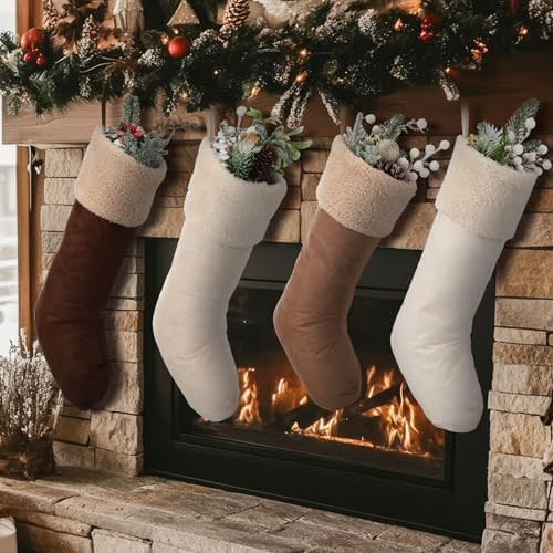 4 Pack Neutral Christmas Stockings, 18 Inch Faux Fur Suede Fireplace Stocking, Boho Rustic Cozy H... | Amazon (US)