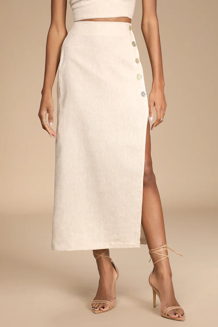 Caught in Cannes Beige High-Waisted Side Button Midi Skirt | Lulus
