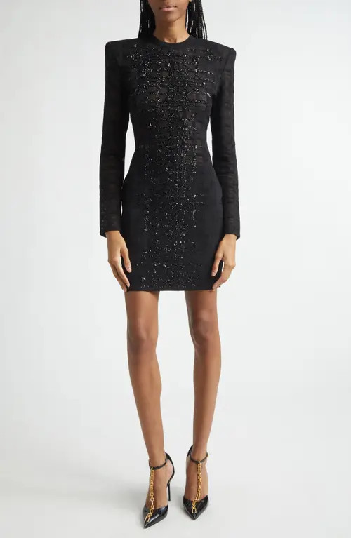 Balmain Tartan Tattoo Embellished Long Sleeve Minidress in 0Pa Black at Nordstrom, Size 12 Us | Nordstrom