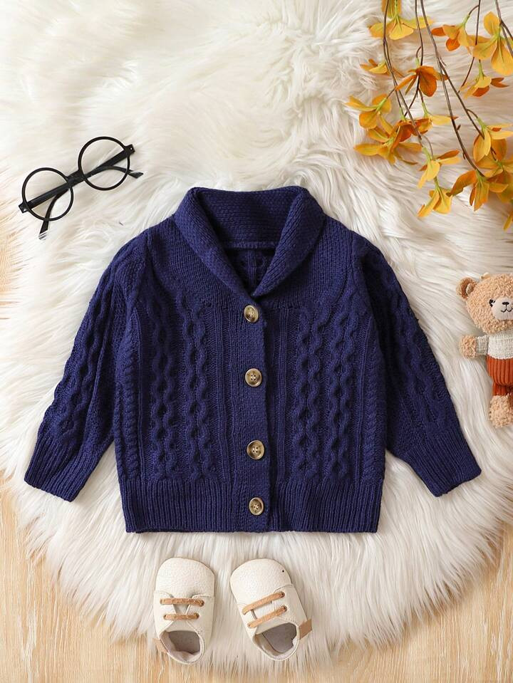 Infant Boys' Cardigan Sweater With Shawl Collar And Twisted Flower Design | SHEIN