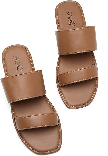 katliu Women's Flat Sandals Two Strap Slide Sandals Open Toe | Amazon (US)