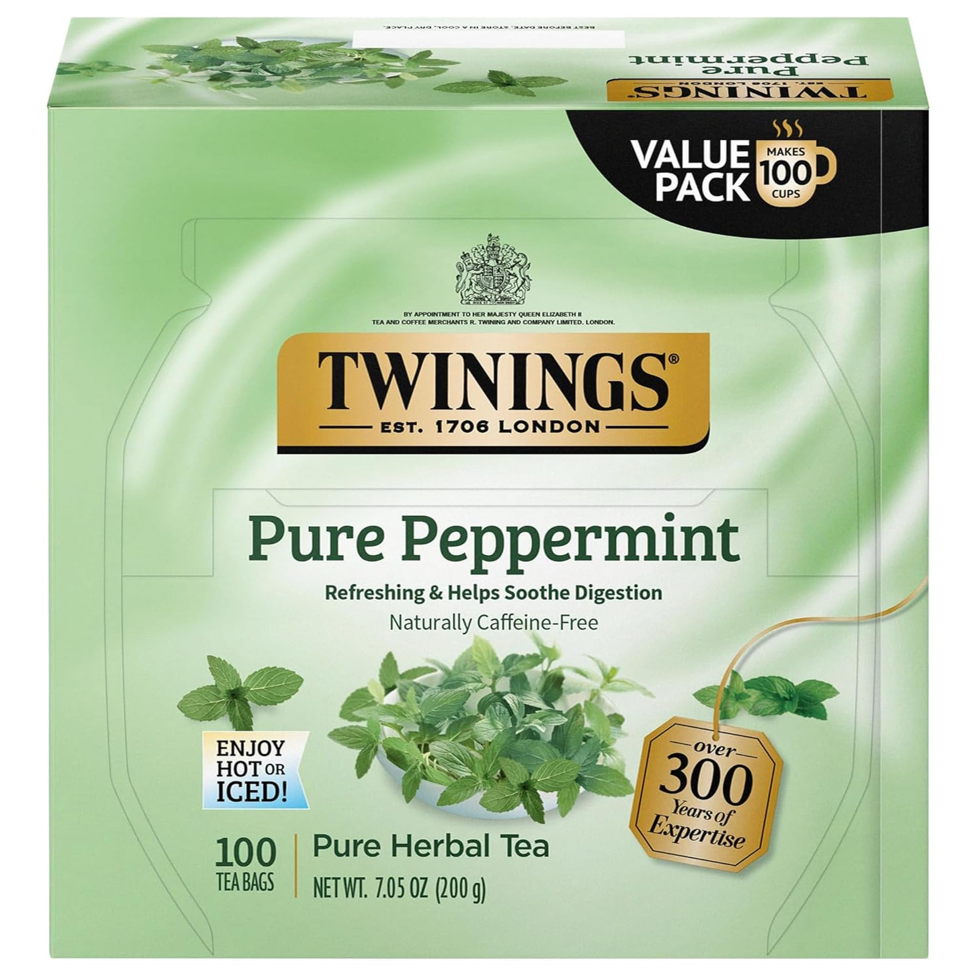 Twinings Pure Peppermint Herbal Tea Individually Wrapped Bags, 100 Count (Pack of 1), Fresh Minty Flavour, Naturally Caffeine-Free, Enjoy Hot or Iced, 100 Teabags | Amazon (US)