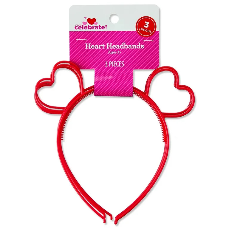 Heart Headbands, Red, 3 Count, Valentine's Day by Way To Celebrate | Walmart (US)