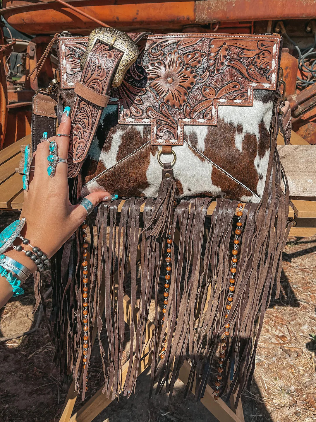 Tooled Leather Cowhide Fringe Purse: Beaded Western Bag - Etsy | Etsy (US)