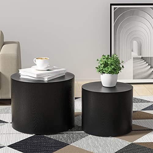 WILLIAMSPACE Nesting Coffee Table Set of 2, Black Round Wooden Coffee Tables Modern Circle Table for | Amazon (US)