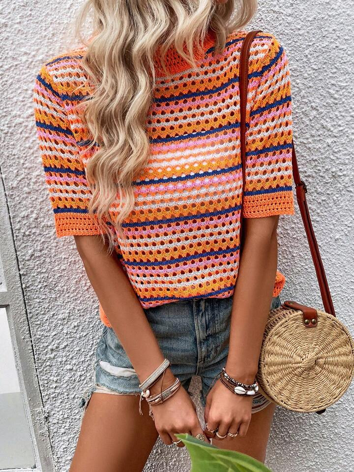 SHEIN VCAY Striped Pattern Mock Neck Knit Top | SHEIN