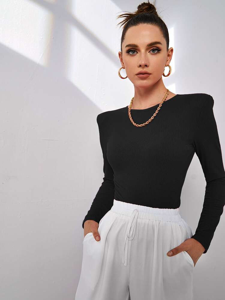 Padded Shoulder Rib-knit Slim Tee | SHEIN