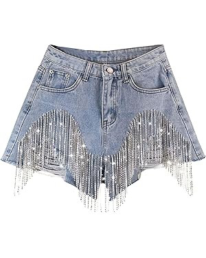 Jean Shorts Womens High Waisted Ripped Rhinestone Pearl Beaded Fringe Comfort Tassel Denim Shorts... | Amazon (US)