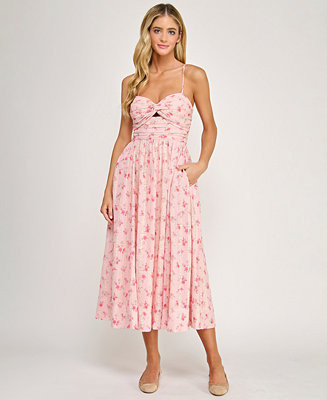 Juniors' Floral Embroidered Twist-Front Midi Dress | Macy's