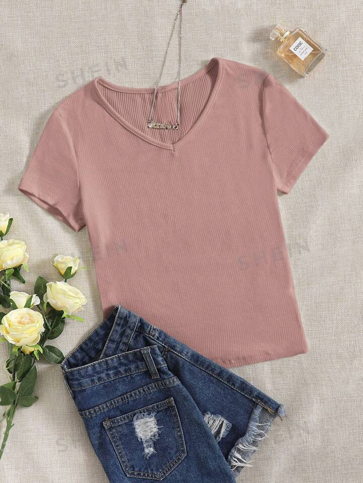 SHEIN EZwear V Neck Rib Knit Solid Tee | SHEIN