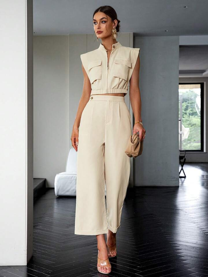 Sollinarry Flap Pocket Crop Top & Wide Leg Pants | SHEIN