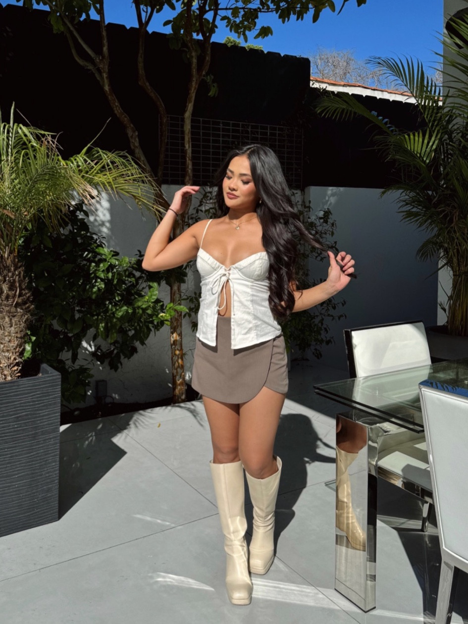 This Oh Polly top is the cutest. Skirt is from Zara and boots from Princess Polly but linked similar!