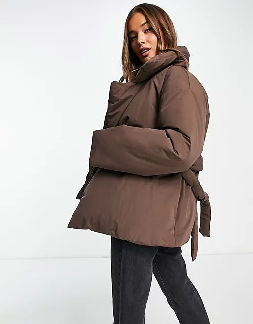 ASOS DESIGN belted puffer jacket in brown | ASOS (Global)