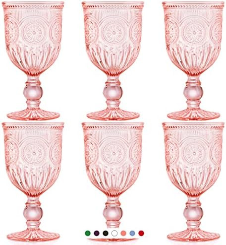 Pink Wine Glasses set of 6 pink goblets, dishwasher safe colored pink glassware, vintage style fo... | Amazon (US)