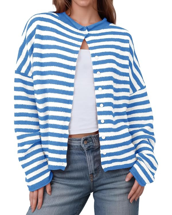 Saodimallsu Womens Striped Cardigan Casual Long Sleeve Open Front Button Down Loose Knit Lightwei... | Amazon (US)