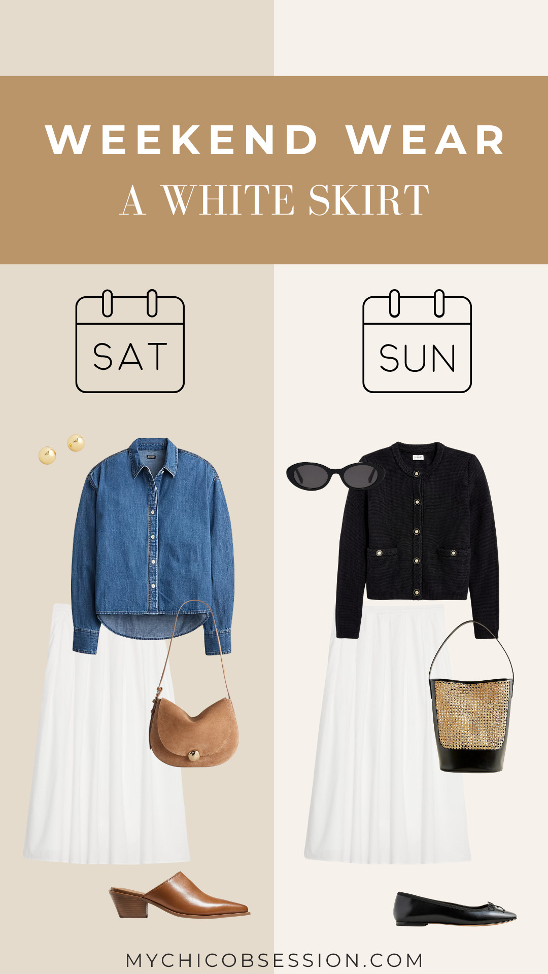 Style a white skirt two ways this weekend. On Saturday, go for a casual, Western chic look with a denim button-down, gold stud earrings, a suede saddle bag, and leather mules. On Sunday, elevate your look with a lady jacket, oval sunglasses, a leather and woven bag and classic ballet flats. 

 #LTKSeasonal #LTKStyleTip #LTKShoeCrush