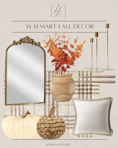 Walmart fall decor finds!

Antique mirror, wood vase, faux stems, taper candles, gold candle holders, fall throw pillow, neutral pumpkins, plaid rug, home decor, neutral aesthetic 

#LTKU #LTKhome #LTKSeasonal