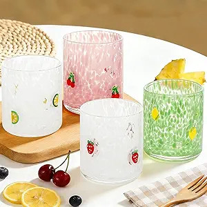 JarThenaAMCS 4Pcs Fruit Icon Juice Glass 14 Oz Wine Glass Cherry Lemon Strawberry Stemless Pink G... | Amazon (US)