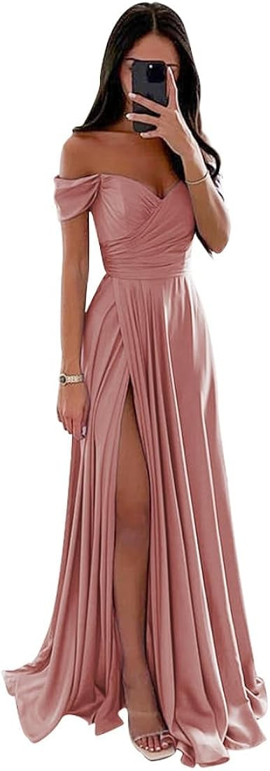 Tianzhihe Off Shoulder Satin Bridesmaid Dresses for Wedding Long Slit Ruched Formal Evening Prom Par | Amazon (US)