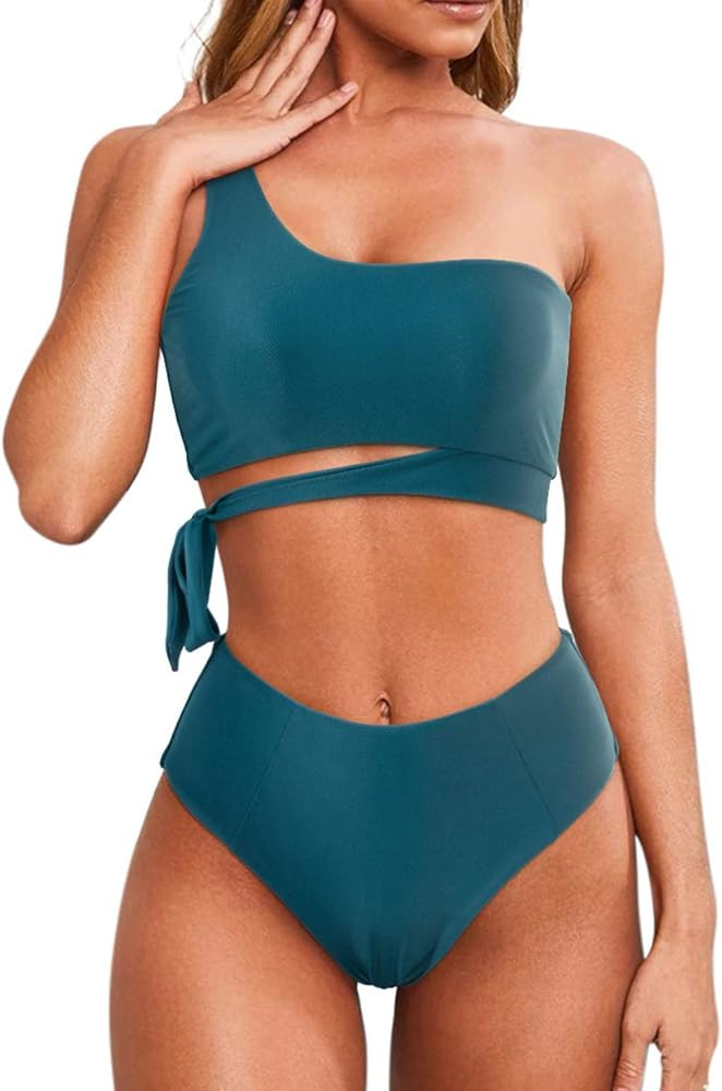 MOOSLOVER Women One Shoulder High Waisted Bikini Tie High Cut Two Piece Swimsuits | Amazon (US)