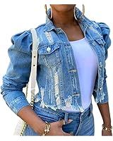 Omoone Women's Ripped Puff Sleeve Denim Crop Top Long-Sleeve Cropped Jean Jacket(1676-Blue-XL) at... | Amazon (US)