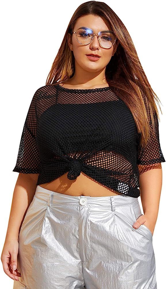 Floerns Women's Casual Plus Size Fishnet Sheer Mesh Short Sleeve Tee Shirt | Amazon (US)