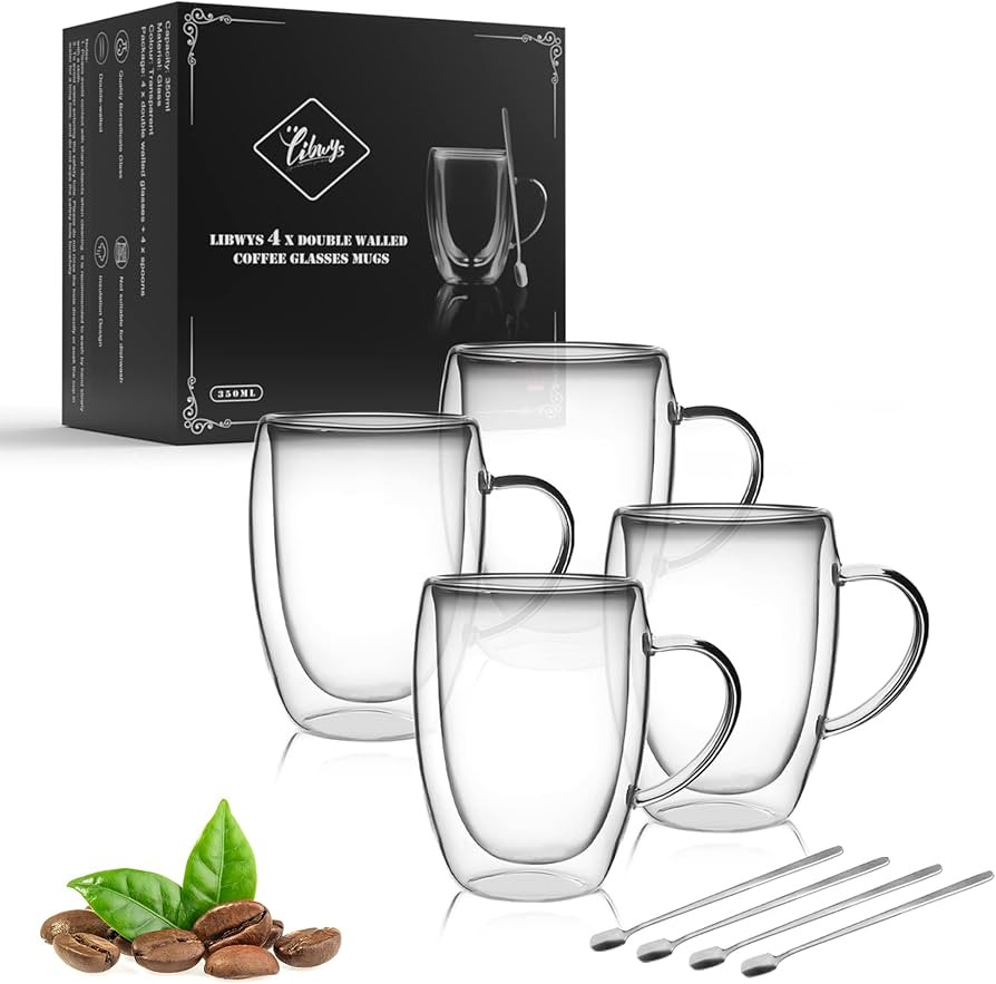 LIBWYS 4 Pack Double Walled Coffee Cups Glasses Mugs 12oz, Espresso Cappuccino Latte Tea Cups wit... | Amazon (US)