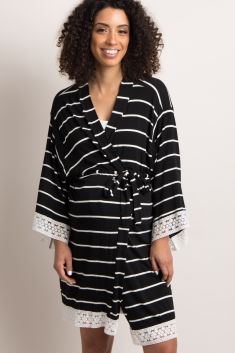 Black Striped Lace Trim Delivery/Nursing Maternity Robe | PinkBlush Maternity