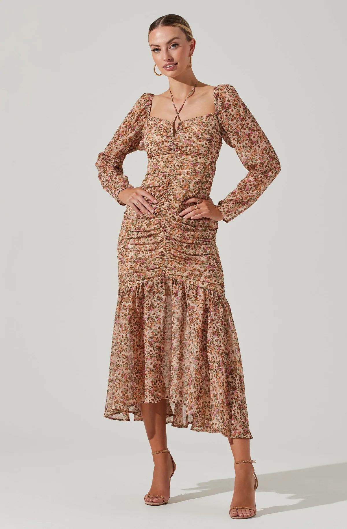 Athena Floral Ruched Long Sleeve Midi Dress | ASTR The Label (US)