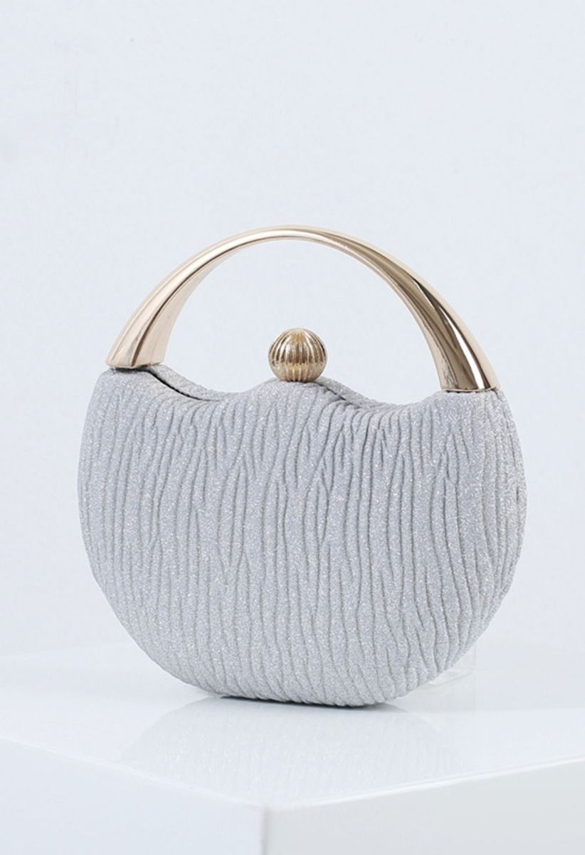 Elegance Round Handle PU Leather Clutch in Silver | Chicwish