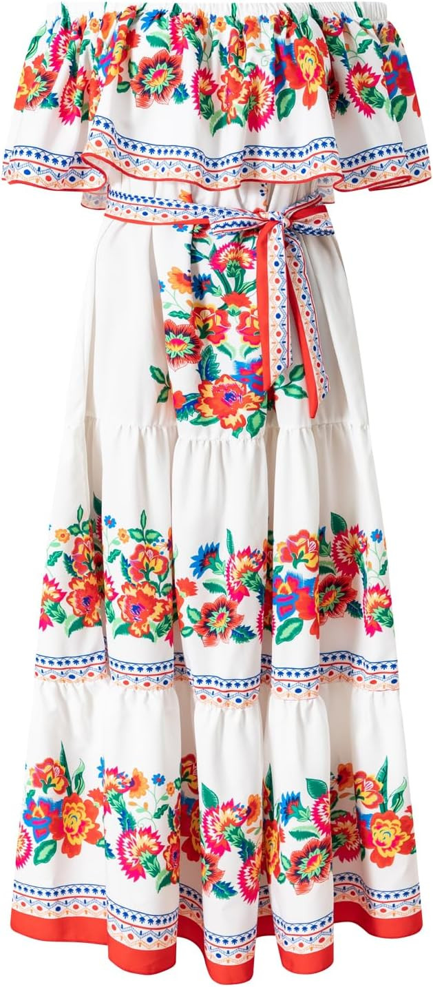 Women Mexican Dress Off Shoulder Floral Long Maxi Dress Cinco de Mayo Dresses with Belt | Amazon (US)