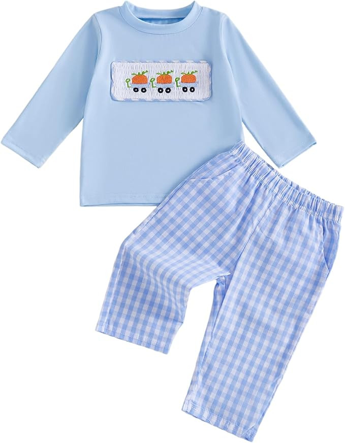 Toddler Baby Boy Halloween Ghost Pumpkin Outfit Long Sleeve Embroidery Tshirt Gingham Pants 2 Pie... | Amazon (US)